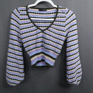Womens Sweater Large Purple Green Cropped Y2K Bubble Sleeve Retro Preppy Indie